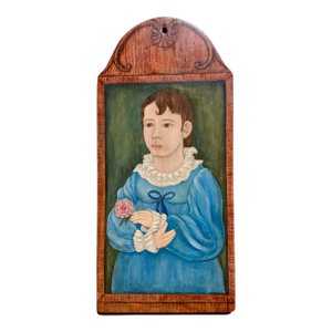 Original Vintage Signed Folk Art Portrait Painting on Wood Panel