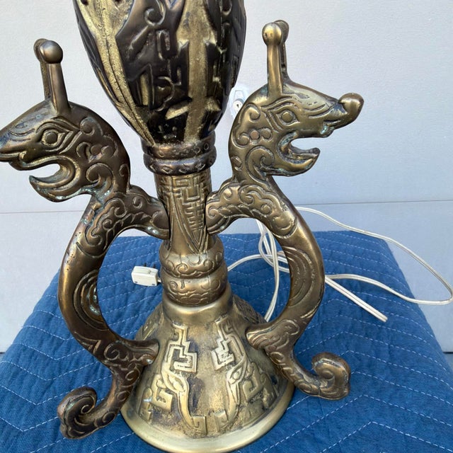 Mid 20th Century Chinese Archaistic Cast Brass Dragon Table Lamp - Attributed to James Mont For Sale - Image 13 of 18
