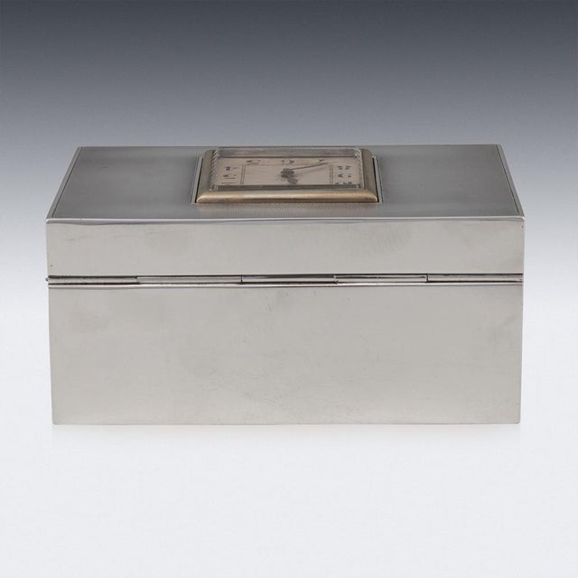 20th Century English Art Deco Solid Silver Cigarette Box with Clock, London, 1920s For Sale - Image 4 of 18