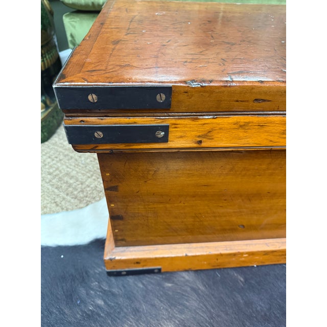 American 19th Century Antique Pine Trunk/Coffee Table With Iron Detail For Sale - Image 3 of 9