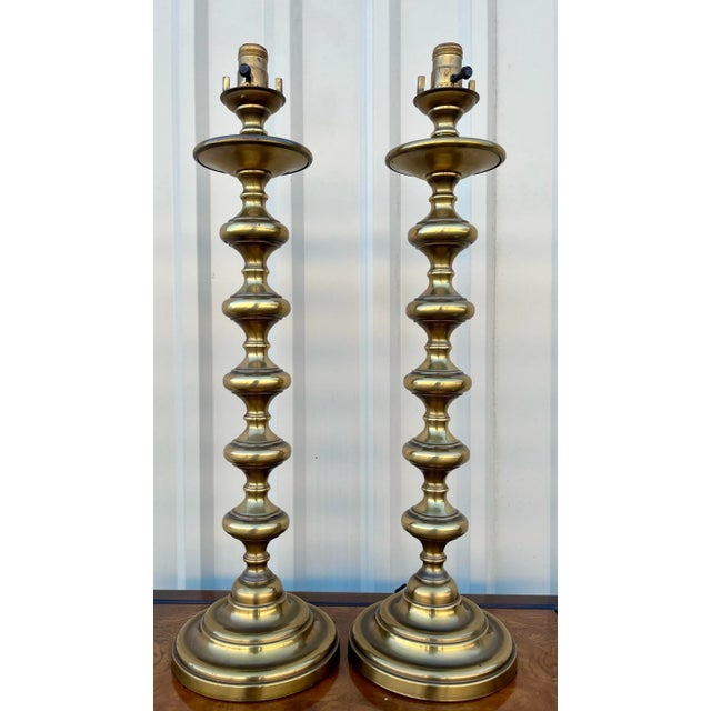 Hollywood Regency Mid Century Vertical Stacked Brass Bobbin Lamps- A Pair For Sale - Image 3 of 12