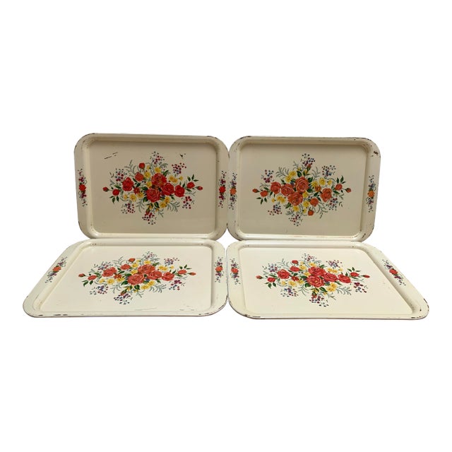 Set of Four Cottage Chic Large Floral Trays For Sale