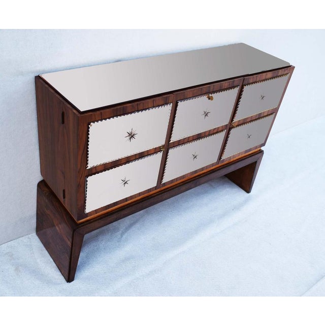 Walnut bar mobile, with engraved glass "Italor Supercristallo Rosambrato" produced by the Pisan Factory Saint-Gobain. Two...