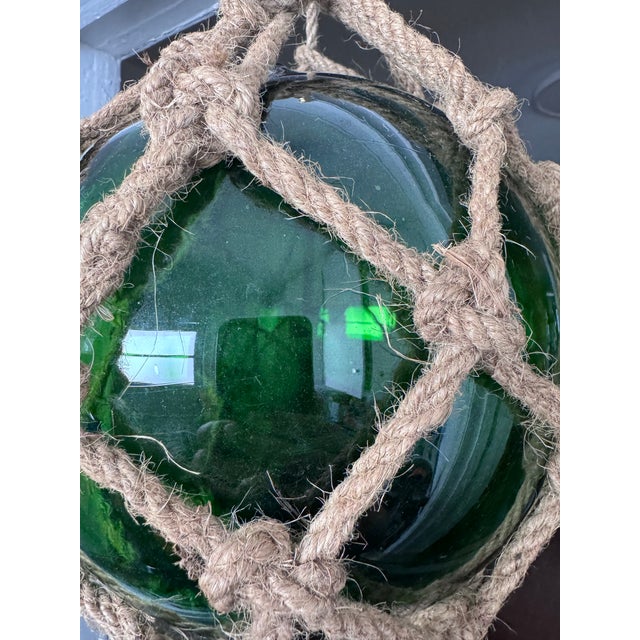 Industrial Vintage Green Glass Fishing Float in Jute Rope Netting For Sale - Image 3 of 12