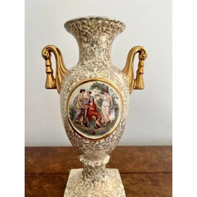 Fine quality pair of antique Victorian vases having a fine quality pair of antique Victorian vases decorated with figures...