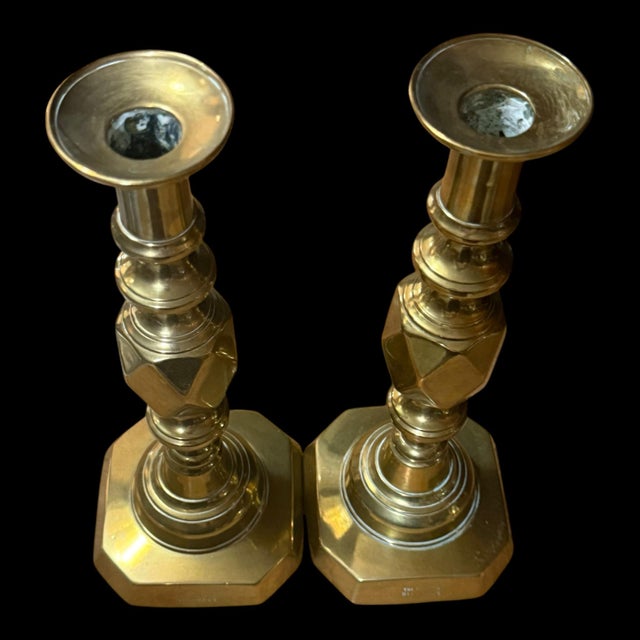 Brass Candlestick Holders Antique Victorian Brass King of Diamonds Candlestick Holder Pair, C. 1897 Diamond Jubilee Push-Up Holders For Sale - Image 9 of 9
