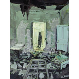 Lazareto by Nadezda | Oil on panel depicting a figure in a dilapidated room with ghostly figures. For Sale