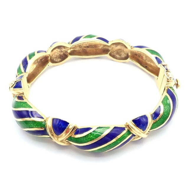 Vintage Tiffany & Co. 18k Yellow Gold Green Blue Enamel Bangle Bracelet For Sale - Image 9 of 10
