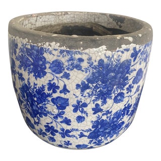 Blue and White Contemporary Floral Planter For Sale