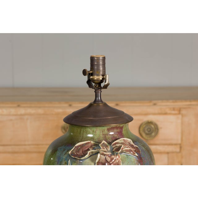 1920s Green Pottery Table Lamp with Raised Floral Motif on Wooden Base, Wired For Sale - Image 11 of 12