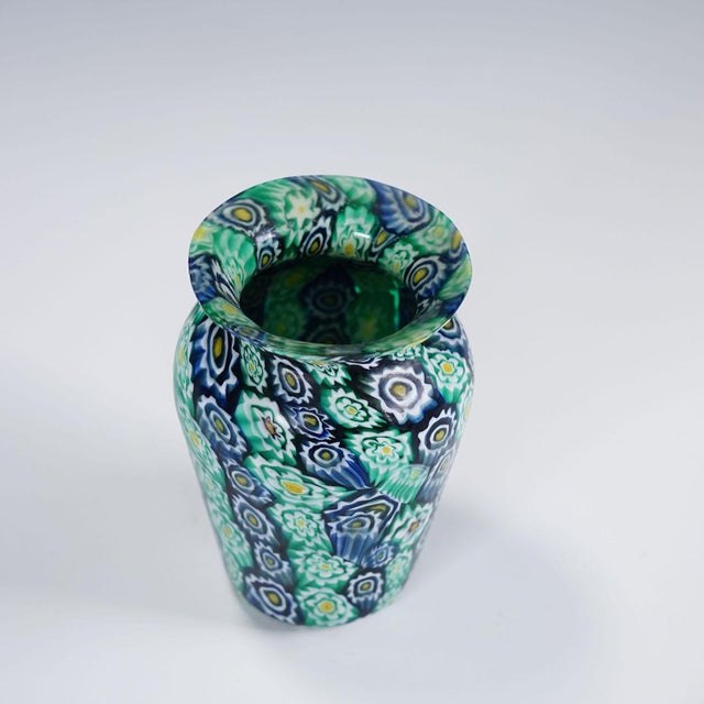 Antique Millefiori Vase Green Blue, Fratelli Toso Murano ca. 1920s A colorful millefiori murrine glass vase manufactured...