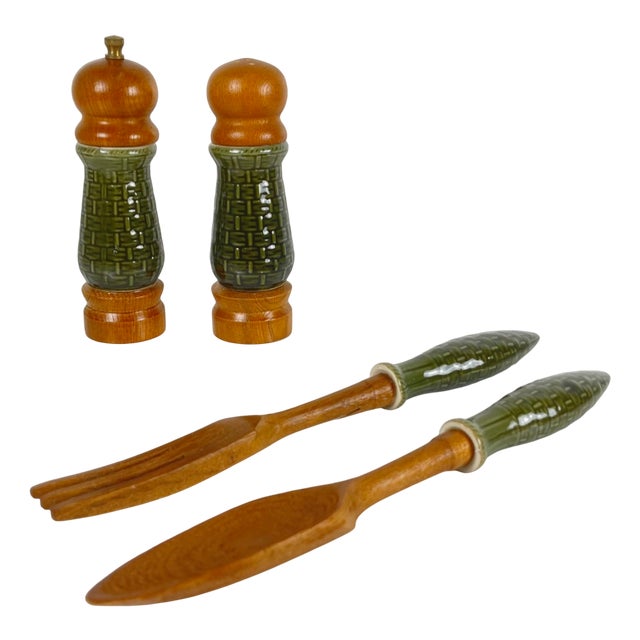 Green Ceramic Salt and Pepper Shakers and Salad Servers, 1970s, Set of 4 For Sale