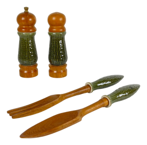 Green Ceramic Salt and Pepper Shakers and Salad Servers, 1970s, Set of 4