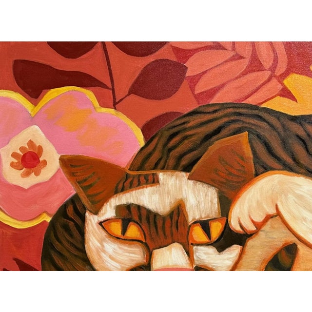 2020s Marc Zimmerman "Tom" Oil Painting, Sleeping Tabby Cat, Blazing Red and Pink Floral Background, Vivid Palette, Contemporary Art West Coast For Sale - Image 5 of 7