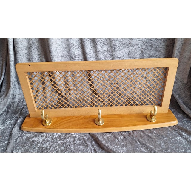 Mid-Century Modern Mid-Century German Wall-Mounted Coat Rack with Walnut Wood Frame, Brass Hooks and Wicker Hat Shelf, 1960s For Sale - Image 3 of 6