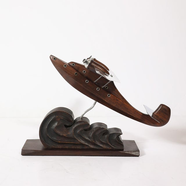 Art Deco Art Deco Anthoine Art Bois Carved Wood and Metal Seaplane Model on Stand For Sale - Image 3 of 14