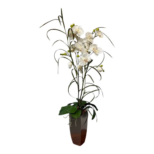 Silk Flower Arrangement of Orchids in Vase For Sale