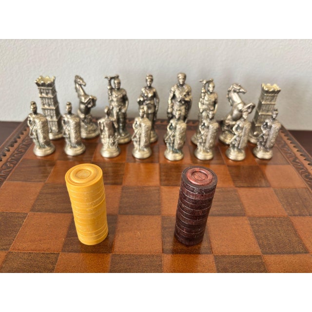 Italian Roman-Style Chess Set Cast Metal and Leather Leather Board Circa 1960 For Sale - Image 9 of 15