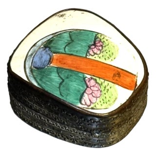 Chinese Silverplate Hand-Painted Ceramic Trinket Box For Sale