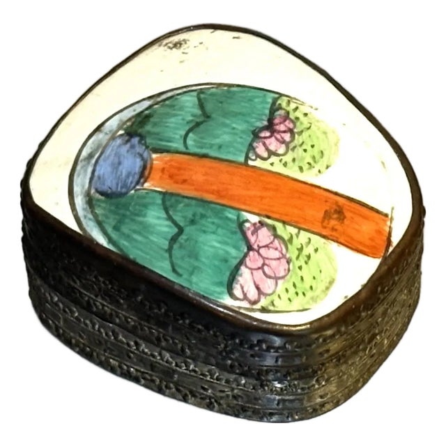 Chinese Silverplate Hand-Painted Ceramic Trinket Box For Sale