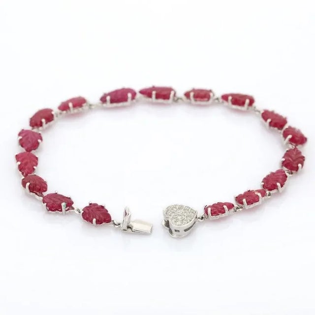 Leaf Carved Ruby and Diamond Bracelet in 18k White Gold, 4.3ct Ruby, USAMade For Sale - Image 9 of 16