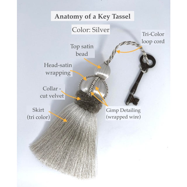 Dove Gray Satin Key Tassel With Platinum Velvet and Gimp Details For Sale - Image 12 of 15