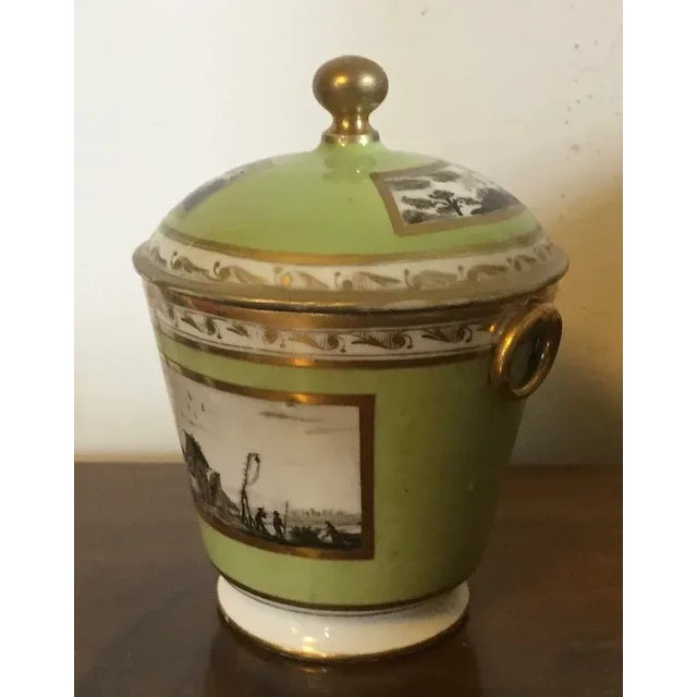 Antique early 19th c. French Empire old Paris porcelain sugar urn decorated with a landscape paintings en grisaille on a...
