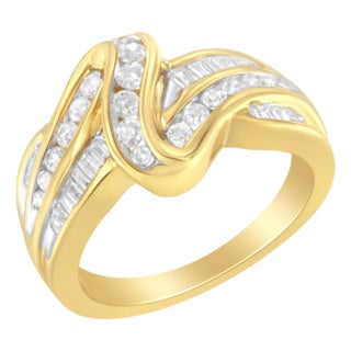 10K Yellow Gold 3/4 Cttw Channel Set Round and Baguette-cut Diamond Double Shank Bypass Ring (J-K Color, I1-I2 Clarity), Size 7.25 For Sale