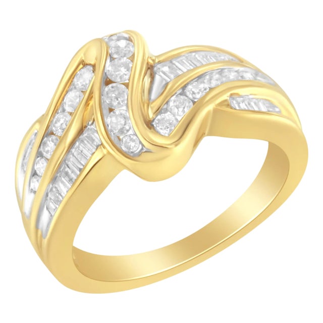 10K Yellow Gold 3/4 Cttw Channel Set Round and Baguette-cut Diamond Double Shank Bypass Ring (J-K Color, I1-I2 Clarity), Size 7.25 For Sale