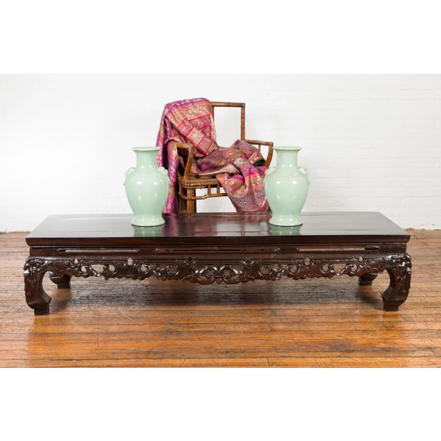 Chinese Qing Dynasty Low Kang Coffee Table with Carved Apron and Dark Lacquer For Sale - Image 4 of 13