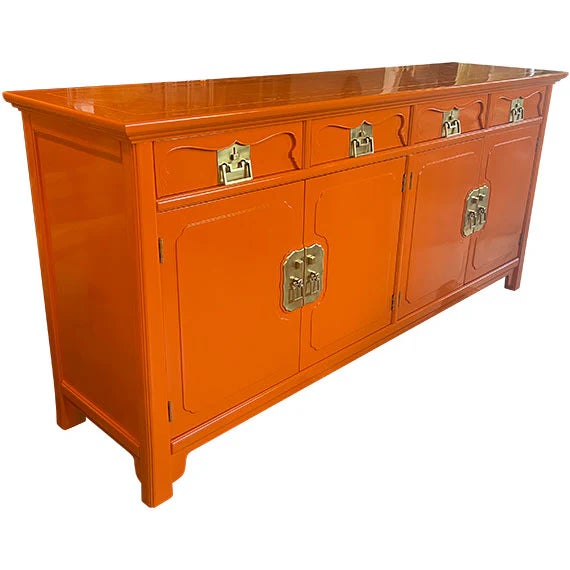 Hollywood Regency 1970s 72" Finished Electric Orange 4 Door 4 Drawer Henredon Vintage Buffet For Sale - Image 3 of 5