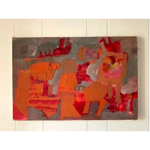 Vintage Abstract Expressionist Orange & Red Mixed Media Painting For Sale - Image 4 of 10