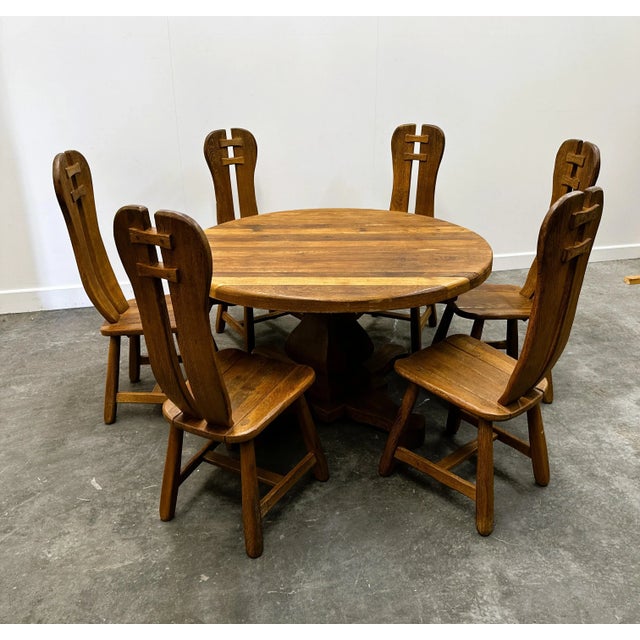 Belgian Brutalist Oak Dining Table and Chairs, 1970s, Set of 7 For Sale - Image 15 of 15