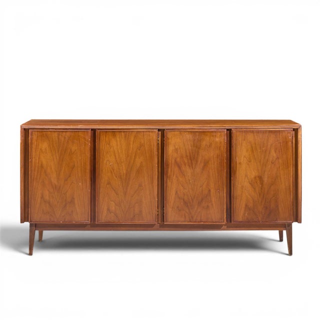 American of Martinsville Merton Gershun for American of Martinsville Mid Century Walnut and Cane Credenza and Hutch For Sale - Image 4 of 13