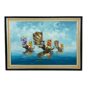 Mid-Century Modern Chinese Sailboat Oil Painting