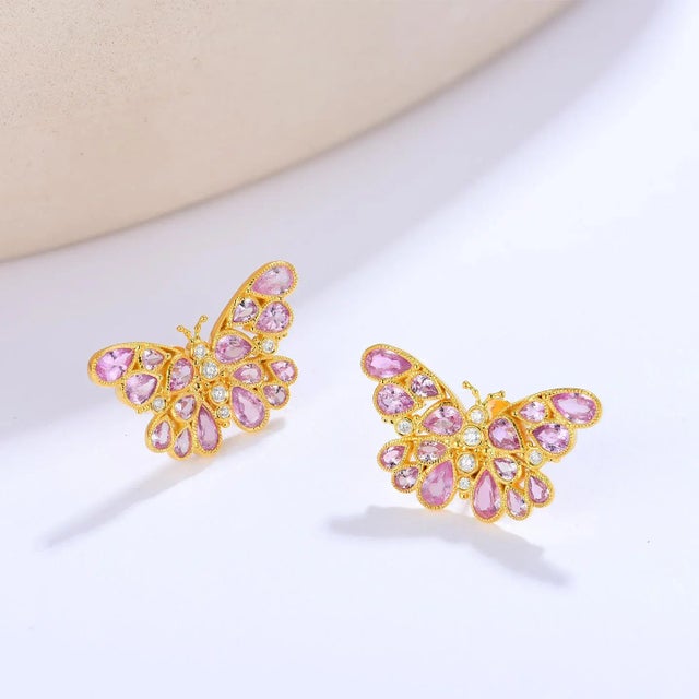 Contemporary Nina Zhou Butterfly Pink Sapphire Diamond Earrings in 14k Gold - a Pair For Sale - Image 3 of 6