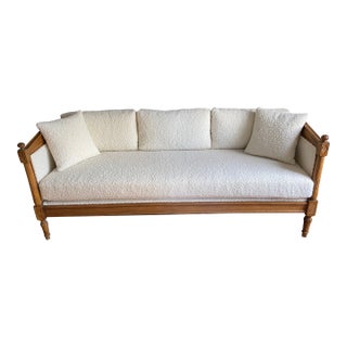 Vintage Neoclassical Style Carved Wood Daybed Upholstered in Boucle For Sale