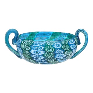Fratelli Toso Murano Antique Blue Green Millefiori Flower Mosaic Italian Art Glass Double Handles Bowl For Sale