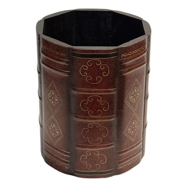 Vintage Faux Leather Trompe l'Oeil Book Spine Wastebasket - Maitland-Smith Style For Sale