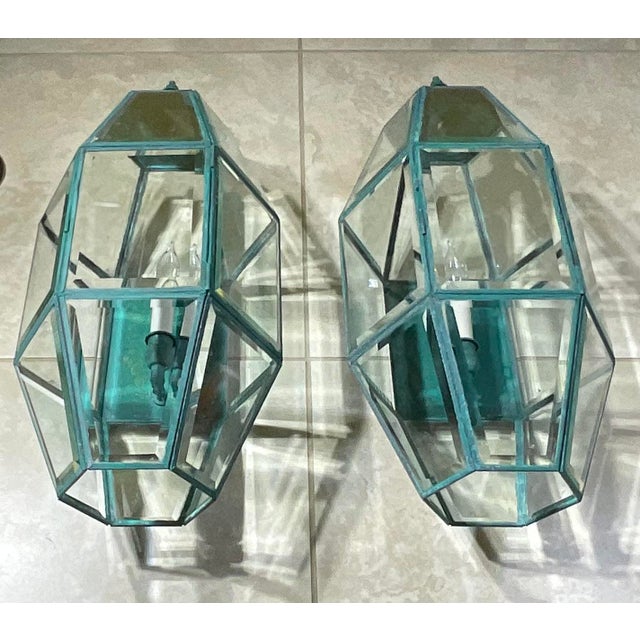 Exquisite Pair of Vintage Solid Brass Hexagonal Wall Lanterns For Sale - Image 9 of 17