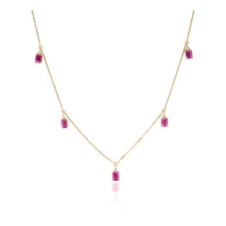 14k Yellow Gold 2.1 Ct Natural Emerald-Cut Ruby & Diamond Station Charm Necklace For Sale