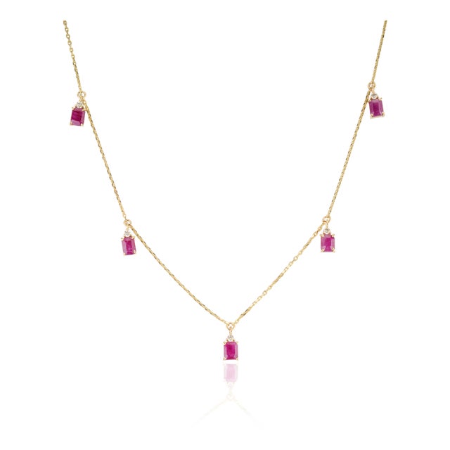 14k Yellow Gold 2.1 Ct Natural Emerald-Cut Ruby & Diamond Station Charm Necklace For Sale