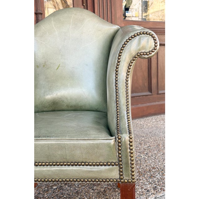 English Wing Back Chair of Upholstered Leather and Walnut For Sale In Austin - Image 6 of 9