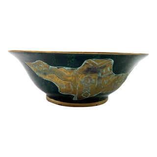 1990s Large Decorative Green Gold Bowl Egyptian Aztec Faux Malachite and Patina For Sale