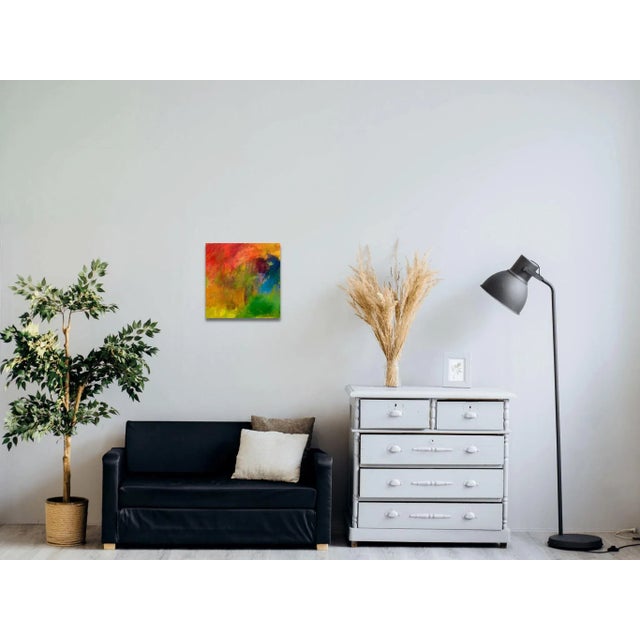 Square on wood board with bright Reds, Blues, and Greens. This is a small painting that packs a big colorful punch. I use...