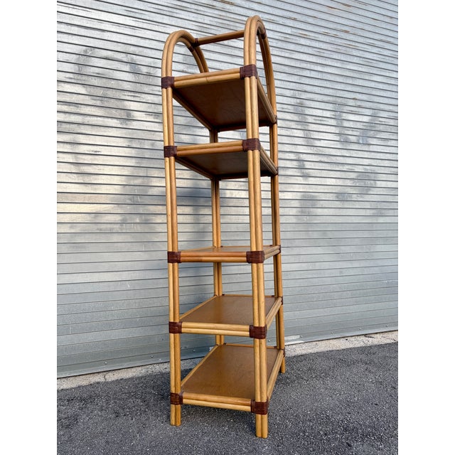 Coastal Vintage Coastal Style Arched Rattan Etagere/ Bookcase in the McGuire's Manner. Circa 1970s. For Sale - Image 3 of 18