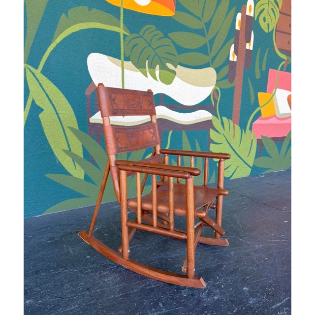 Mid-Century Modern Vintage Embossed Leather Costa Rican Rocking Chair For Sale - Image 3 of 11