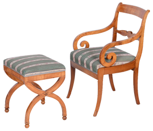 Set of Biedermeier Armchairs with Stool, Beech, Oak & Cherry, Austria, 1830s