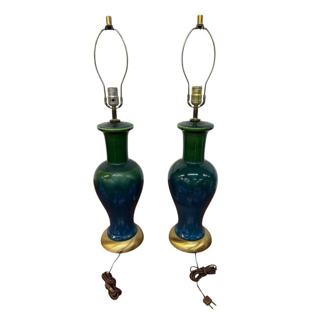 Royal Haeger 1960s Mid-Century Modern Royal Haeger Green/Blue Drip Lamps - Set of 2 - Working! For Sale - Image 4 of 7