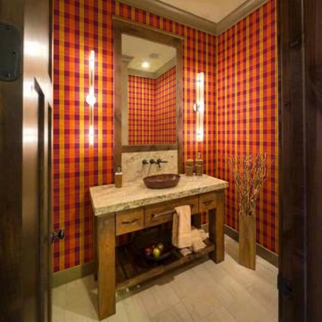 Plastic United DeSoto Vintage 1970s Red & Orange Plaid Motif Wallcovering For Sale - Image 7 of 9